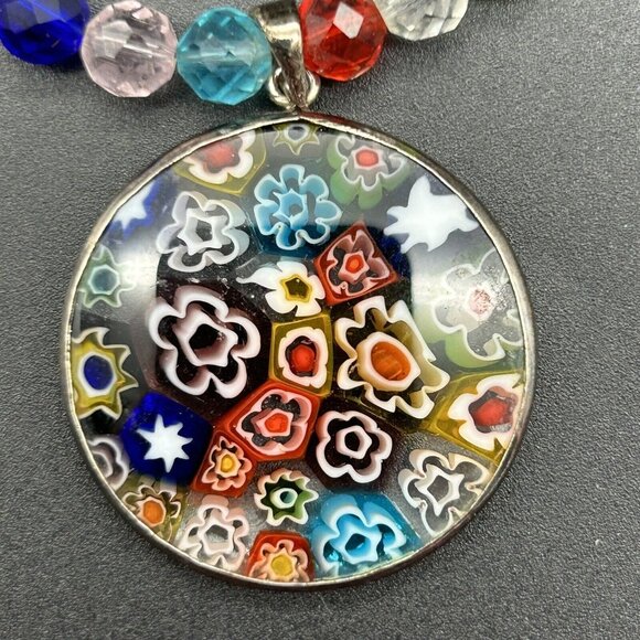 Millefiori Glass Pendant on Handmade Necklace Colorful Toggle Clasp 17" Rainbow - Picture 1 of 4